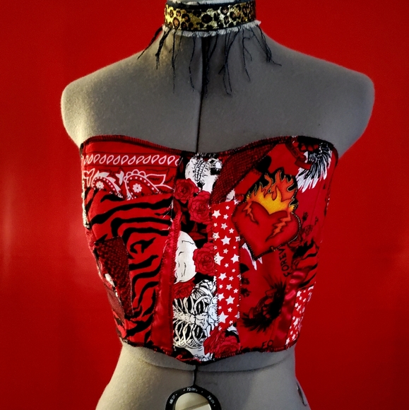 Hearts On Fire Patchwork Corset Top Y2k Sz Sm grunge cyber goth tattoo bandana - Picture 1 of 5